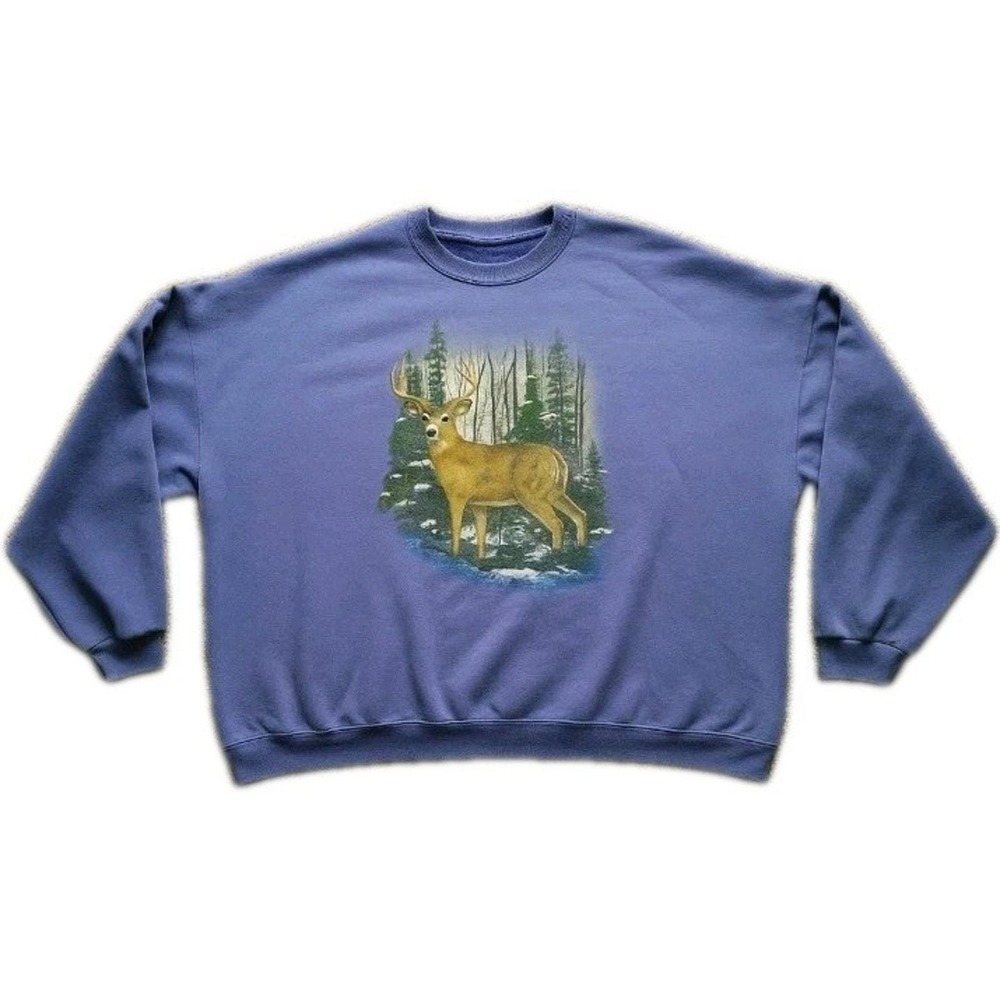 VTG SZ 3XL Buck Deer Hunter Farm Snowy Woods Scene Sweatshirt 4XL Pullover